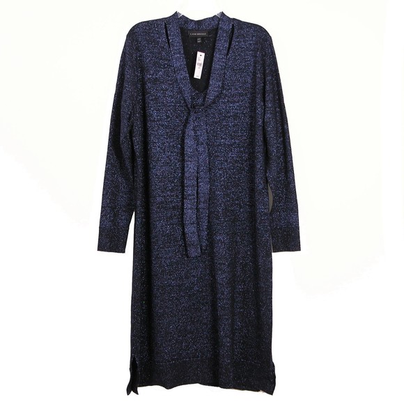 Lane Bryant Womens Sweater Dress 22/24 Metallic Sparkle Blue Tie Neck Career New - Picture 2 of 11